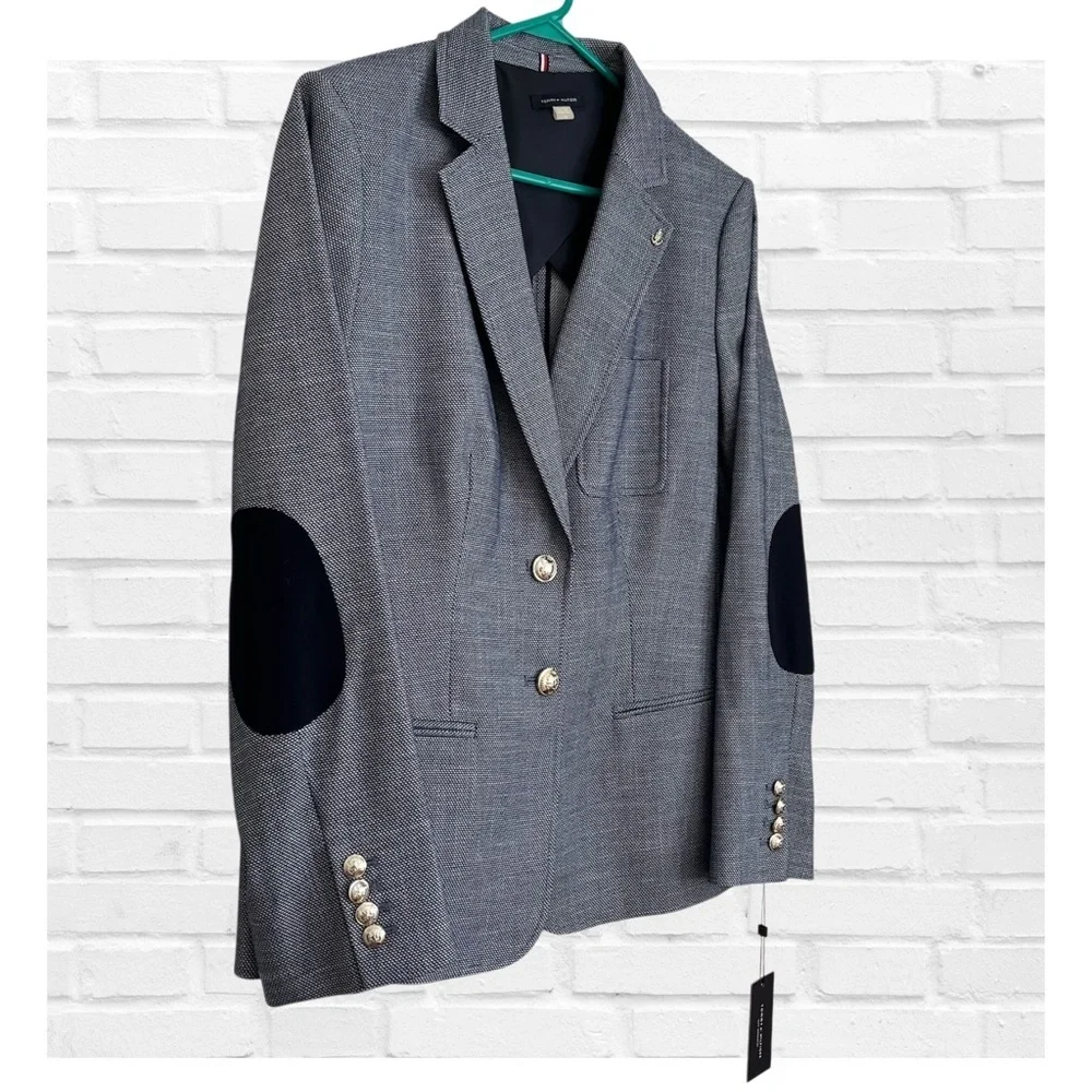 Tommy Hilfiger 14 Fitted Navy Tweed Elbow Patch Blazer Preppy Nautical Academia